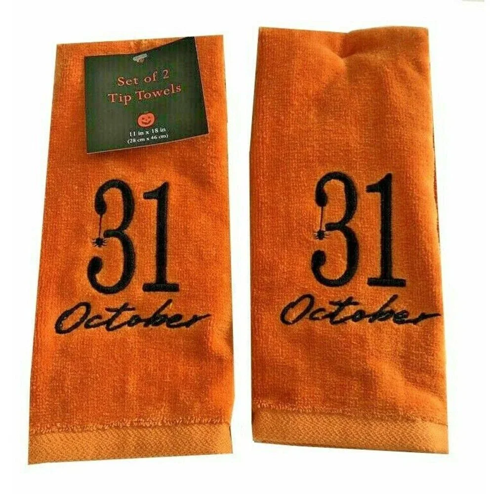 Halloween Fingertip Towels Cute 31 October Embroidered Orange Spider Set of 2